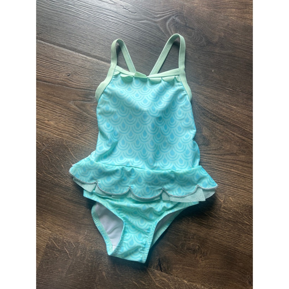 Cat & Jack Girls Aqua Blue Mermaid Scale Ruffle One Piece Swimsuit 4T